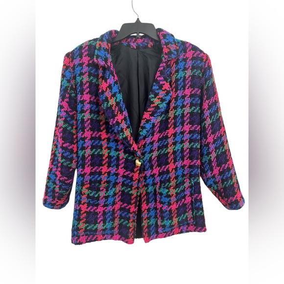 80s Colorful multicolored houndstooth blazer with shoulder pads. - Picture 4 of 4